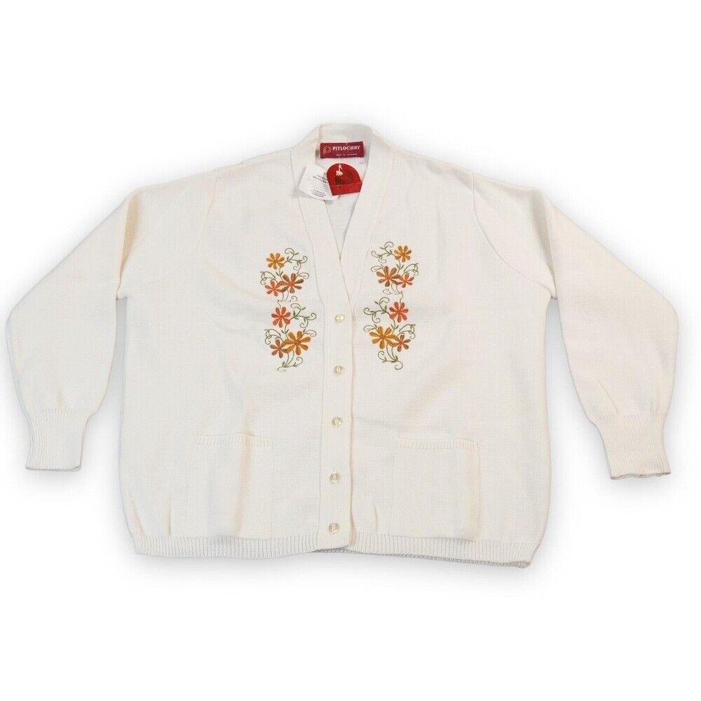 PITLOCHRY Sweater Womens 44 White Floral Cardigan Granny Cottage Core